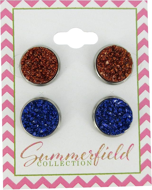 Summerfield Collection Duo Stainless Steel Glitter Faux Druzy Stone Stud Earrings Set (Orange/Indigo)
