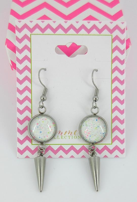 Summerfield Collection Stainless Steel White and Neon Confetti Glitter Glass Charm Dangle Earrings Handpainted Glow in the Dark