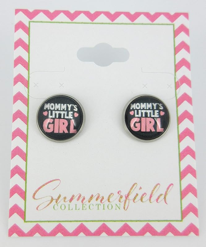 Summerfield Collection Stainless Steel Mommy's Little Girl Print Glass Stud Earrings 12mm