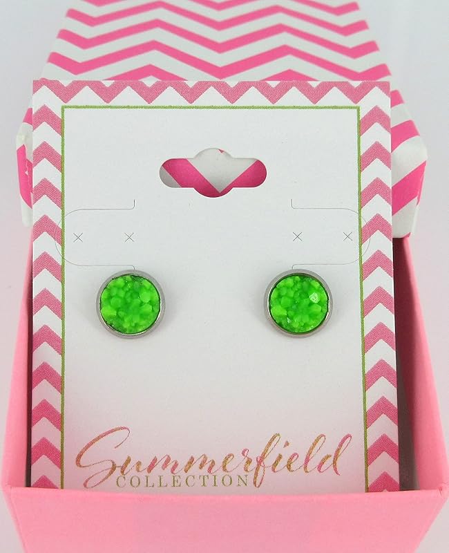 Summerfield Collection Stainless Steel Matte Faux Druzy Stone Stud Earrings 8mm (Green)