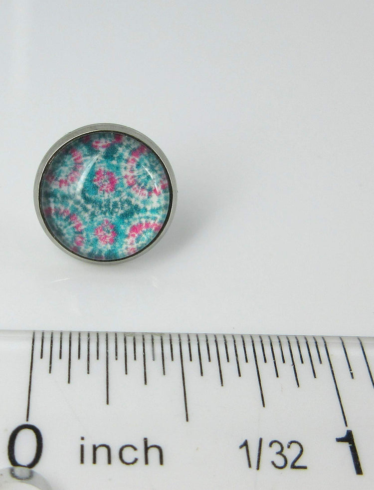 Stainless Steel Tie Dye Print Glass Stud Earrings 12mm (Aqua/Blue/Pink/Green)