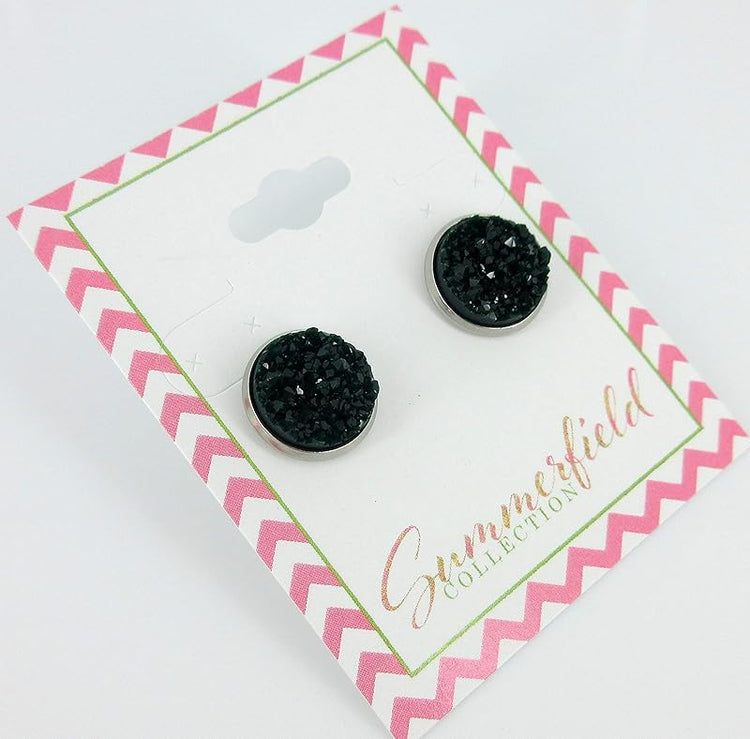 Summerfield Collection Stainless Steel Matte Faux Druzy Stone Stud Earrings 12mm (Dark Green)