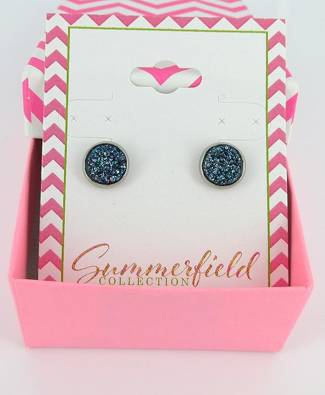 Summerfield Collection Stainless Steel Glitter Faux Druzy Stone Stud Earrings 8mm (Blue and Silver)