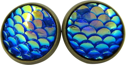 Summerfield Collection Antiqued Gold-tone Metallic Mermaid Scale Stud Earrings 12mm (Cobalt Blue AB)