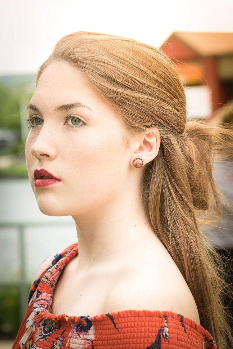 Antiqued Gold-tone Floral Print Stud Earrings 12mm