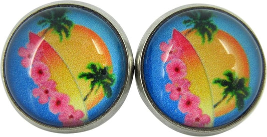 Summerfield Collection Stainless Steel Retro Tropical Sunset Palm Tree Print Glass Stud Earrings 12mm Hibiscus Flower