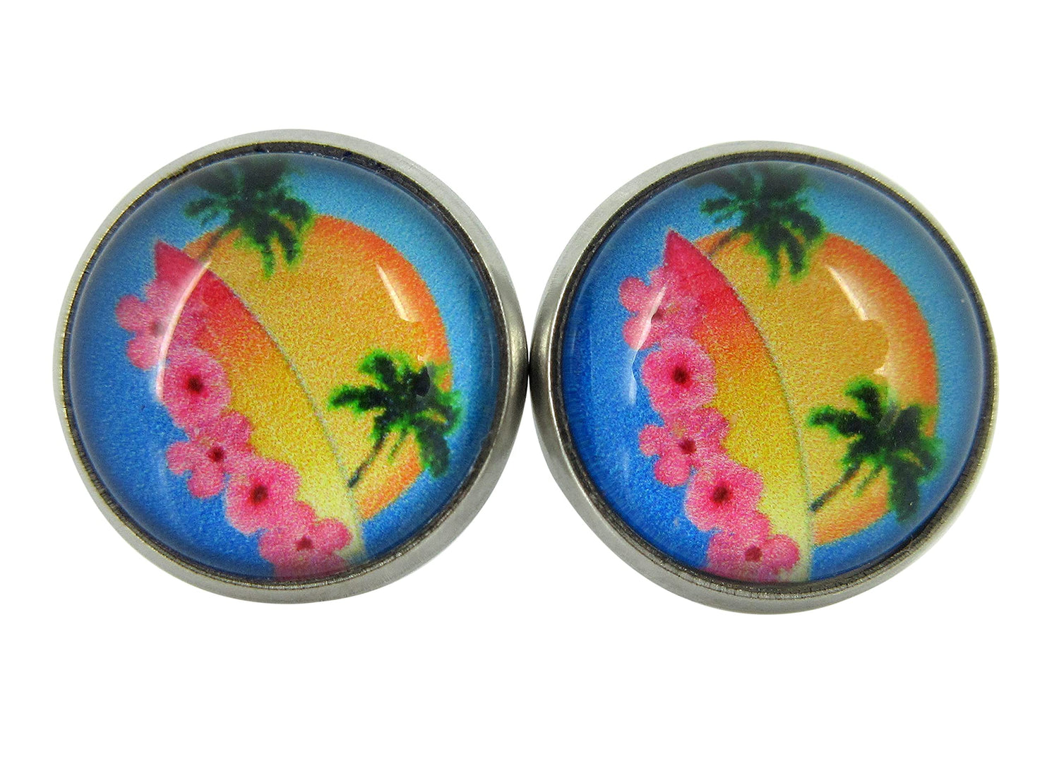 Stainless Steel Retro Tropical Sunset Palm Tree Print Glass Stud Earrings 12mm Hibiscus Flower