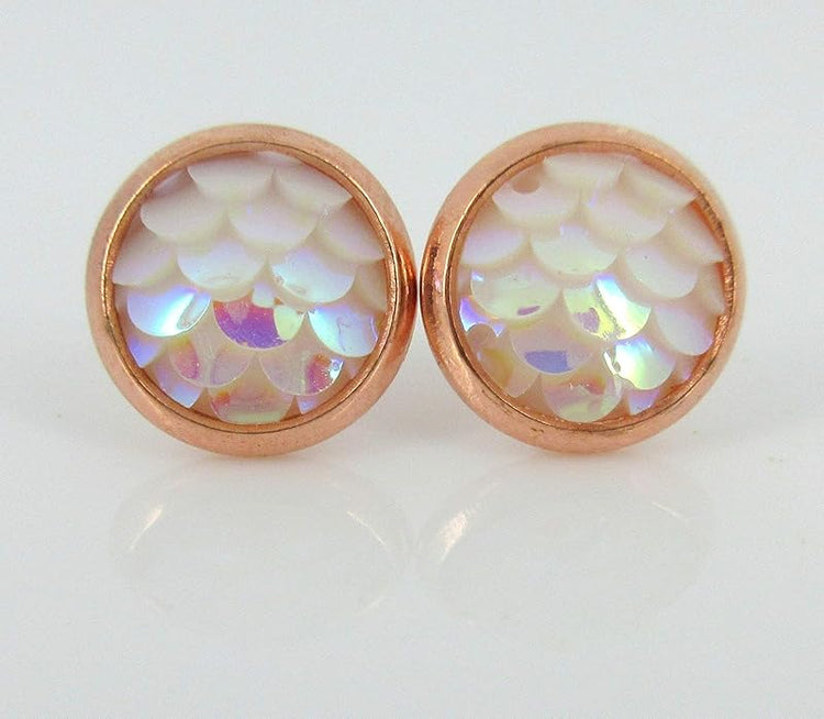 Summerfield Collection Rose Gold-tone Light Pink White AB Mermaid Scale Stud Earrings Dragon (8mm)