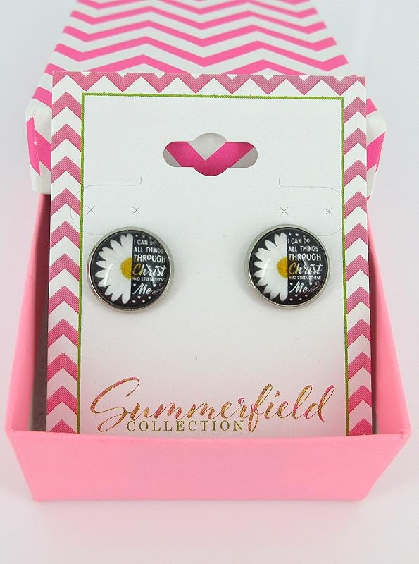 Summerfield Collection Stainless Steel I Can Do All Things Through Christ Print Glass Stud Earrings 12mm Daisy