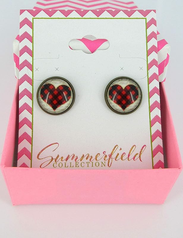 Summerfield Collection Antiqued Gold-tone Buffalo Plaid Heart Print Glass Stud Earrings 12mm