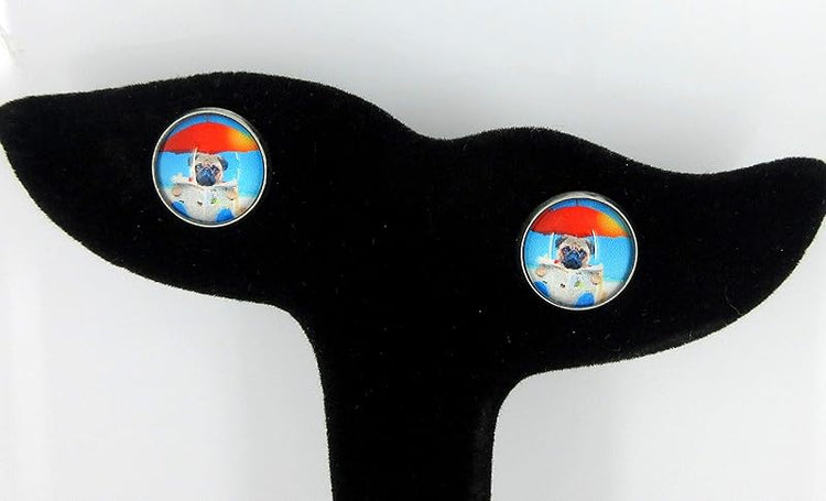 Summerfield Collection Stainless Steel Pug Dog on the Beach Print Glass Stud Earrings 12mm