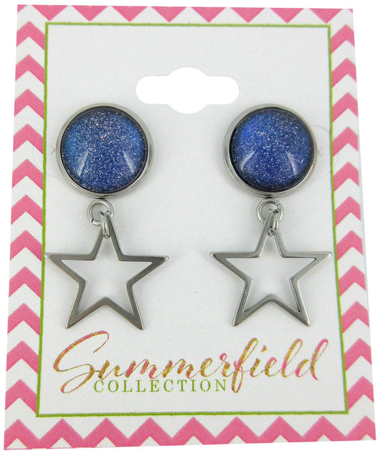 Stainless Steel Blue Galaxy Glitter Glass Stud and Star Drop Earrings