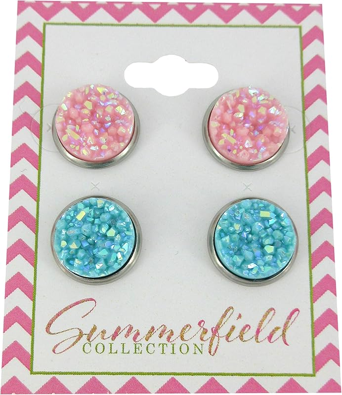 Summerfield Collection Duo Stud Earrings Stainless Steel Faux Druzy Stone 12mm Set (Pink and Blue AB)