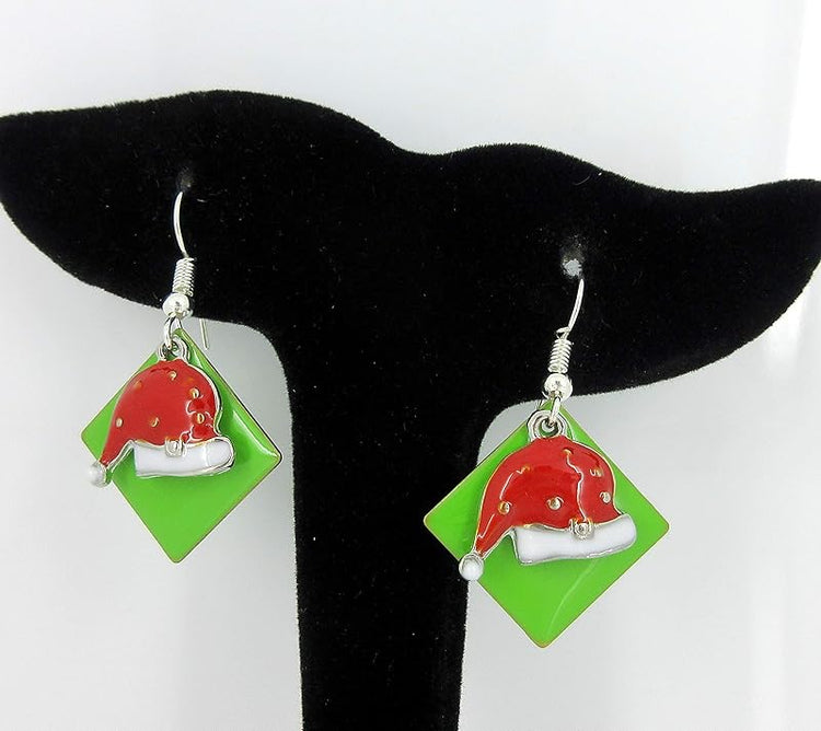 Summerfield Collection Silver-tone Green Enamel Santa Hat Charm Dangle Earrings