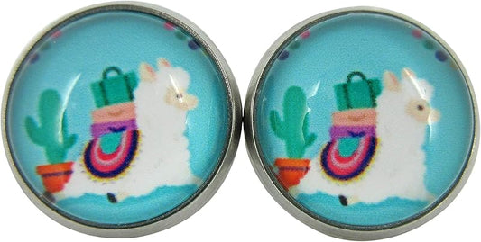 Summerfield Collection Stainless Steel Llama Print Glass Stud Earrings 12mm (Aqua)