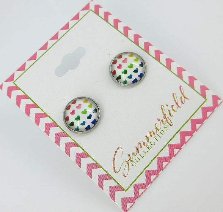 Summerfield Collection Stainless Steel Rainbow Multi Heart Print Glass Stud Earrings 12mm White Red