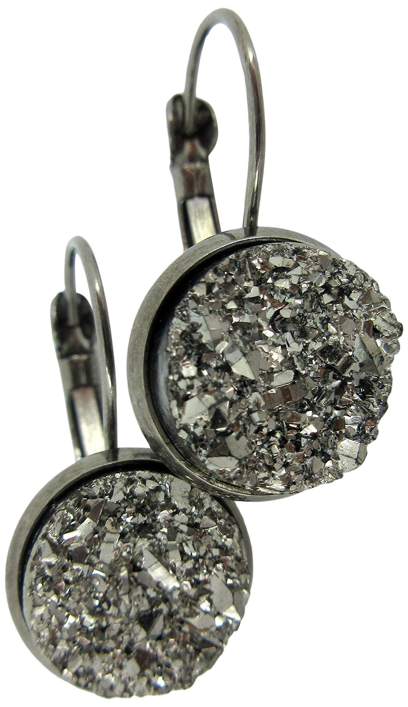 Hematite-tone Gunmetal Gray Faux Druzy Stone Lever-back Drop Earrings 12mm