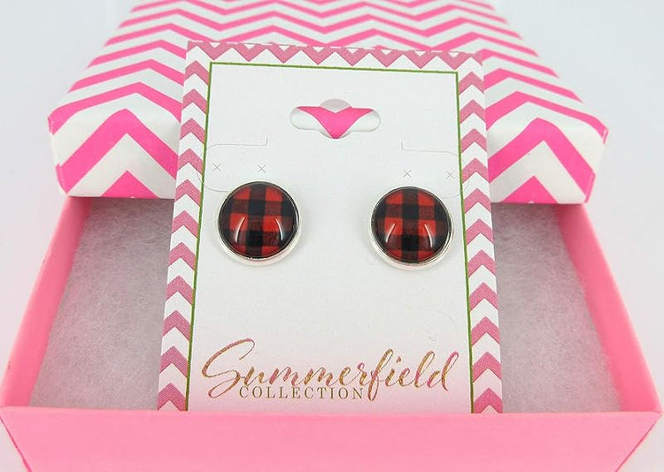 Summerfield Collection Stainless Steel Buffalo Plaid Print Glass Stud Earrings 12mm (Red/Black)