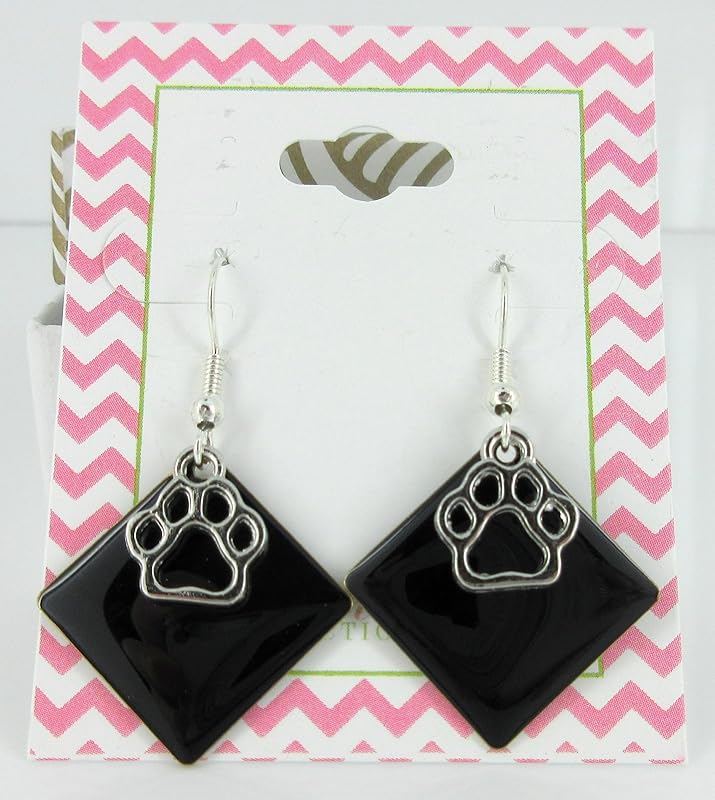 Summerfield Collection Silver-tone Paw Print Charm Enamel Dangle Earrings (Black)