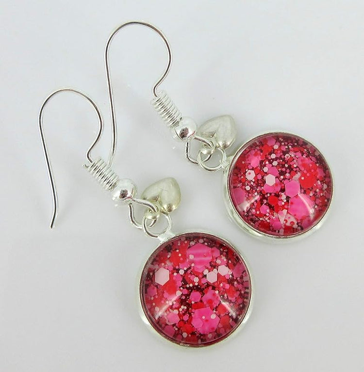 Summerfield Collection Silver-tone Pink Red White Glitter Glass Heart Charm Dangle Earrings Hand-painted