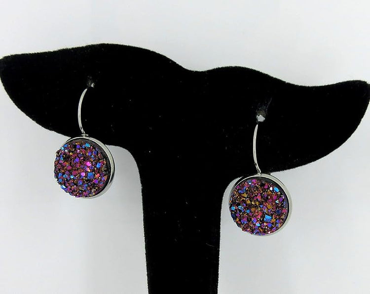 Summerfield Collection Stainless Steel Faux Druzy Stone Lever-back Drop Earrings 14mm (Pink/Purple/Teal)