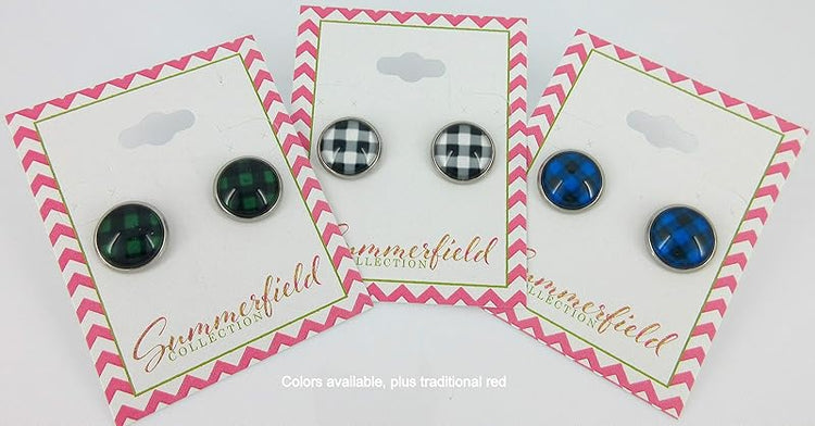 Summerfield Collection Stainless Steel Buffalo Plaid Print Glass Stud Earrings 12mm (Blue/Dk Gray)