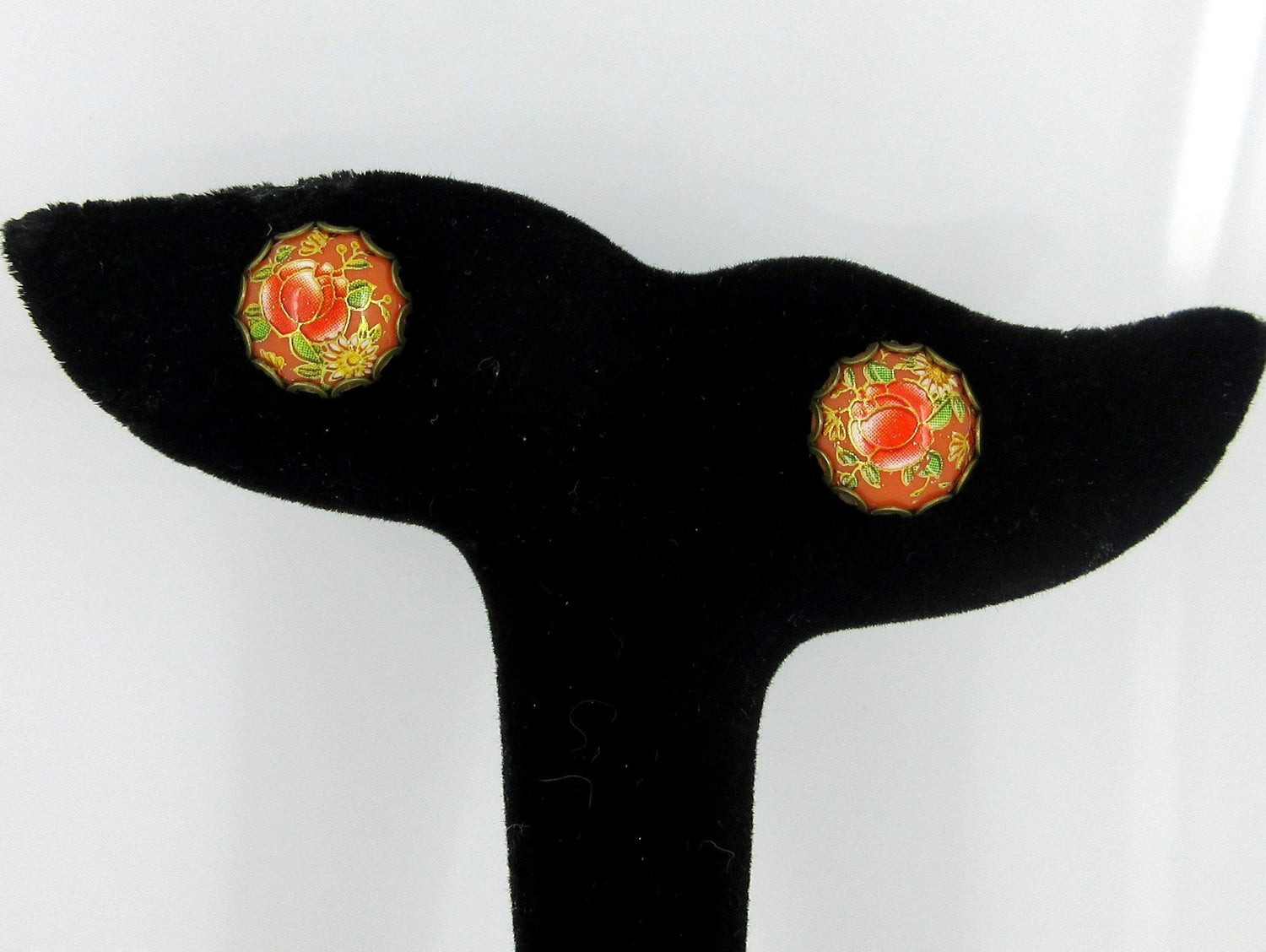 Antiqued Gold-tone Floral Print Stud Earrings 12mm