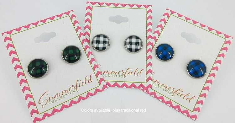 Summerfield Collection Stainless Steel Buffalo Plaid Print Glass Stud Earrings 12mm (White/Black)