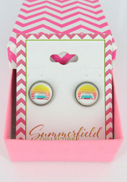 Stainless Steel Vintage Camper Sunset Print Glass Stud Earrings 12mm