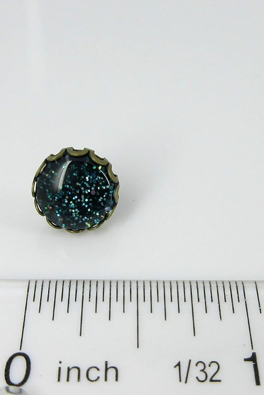 Summerfield Collection Antiqued Gold-tone Dark Teal Green Glitter Glass Stud Earrings Hand-painted 10mm