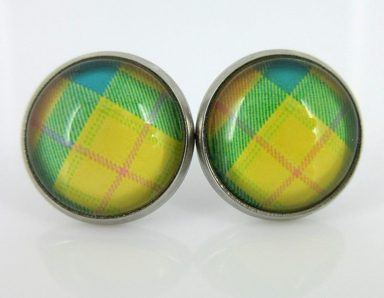 Stainless Steel Duo Stud Earrings Plaid Print Glass 12mm Set (Pastel)
