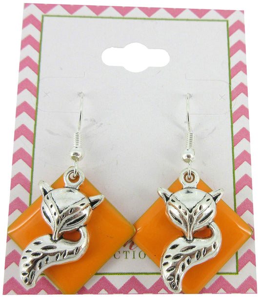 Silver-tone Orange Enamel Fox Charm Dangle Earrings