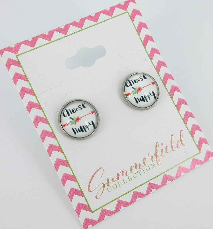 Summerfield Collection Stainless Steel Choose Happy Print Glass Stud Earrings 12mm