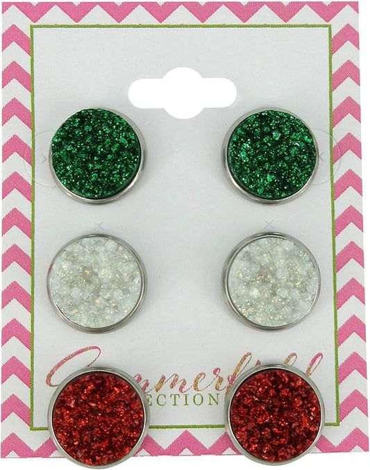 Summerfield Collection Trio Stainless Steel Glitter Faux Druzy Stone Stud Earrings Set (Red/White/Green)