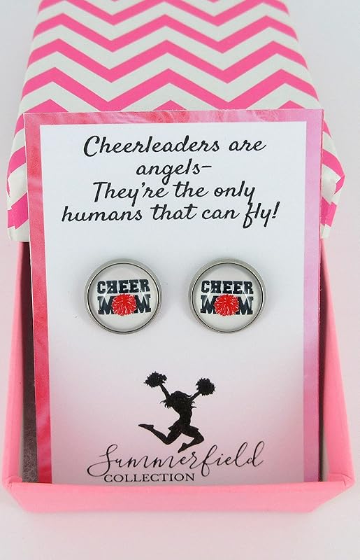 Summerfield Collection Stainless Steel Cheer Printed Glass Stud Earrings 12mm (Cheer Mom)