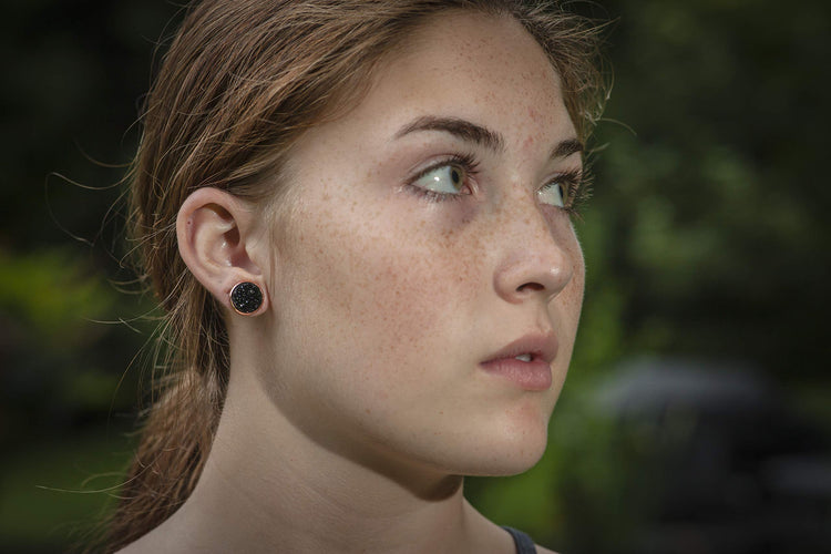 Rose Gold-tone Faux Druzy Stone Stud Earrings 12mm (Black)