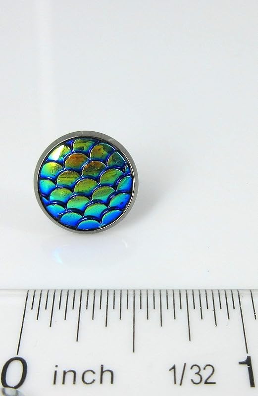 Summerfield Collection Stainless Steel Metallic Dragon Mermaid Scale Stud Earrings 12mm (Blue Green AB)