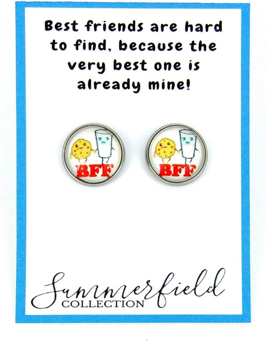 Summerfield Collection Stainless Steel Best Friends Print Glass Stud Earrings 12mm (Milk and Cookies)