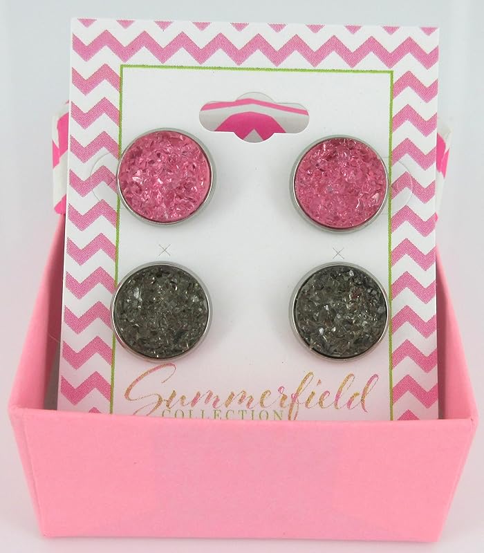 Summerfield Collection Duo Stud Earrings Stainless Steel Faux Druzy Stone 12mm Set (Pink/Gray)