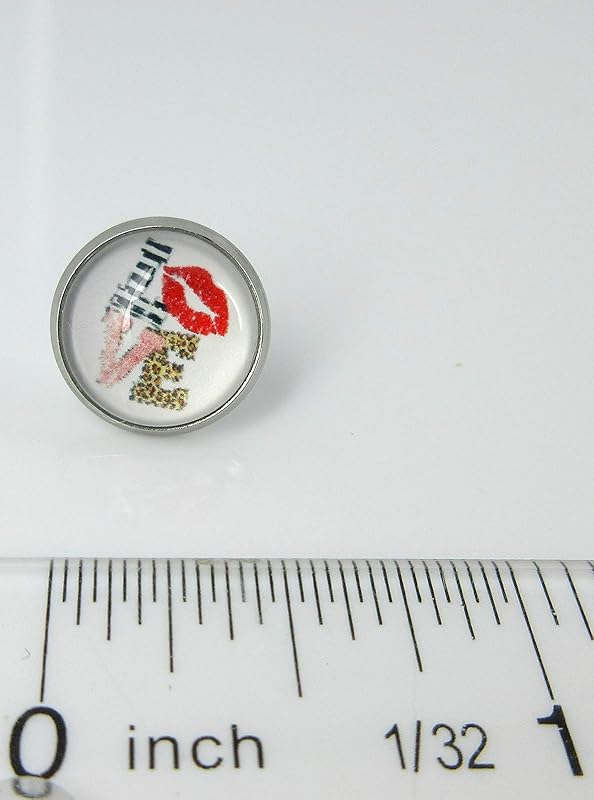 Summerfield Collection Stainless Steel Love Print Glass Stud Earrings 12mm White Animal Red Lips