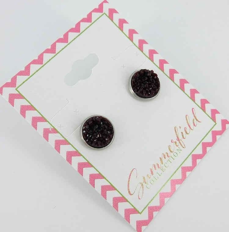 Summerfield Collection Stainless Steel Matte Faux Druzy Stone Stud Earrings 10mm (Black Cherry)