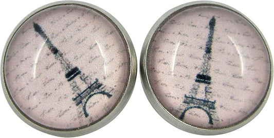 Summerfield Collection Stainless Steel Eiffel Tower Print Glass Stud Earrings 12mm Pink Black
