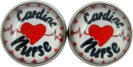 Summerfield Collection Stainless Steel Cardiac Nurse Print Glass Stud Earrings 12mm White Black Red