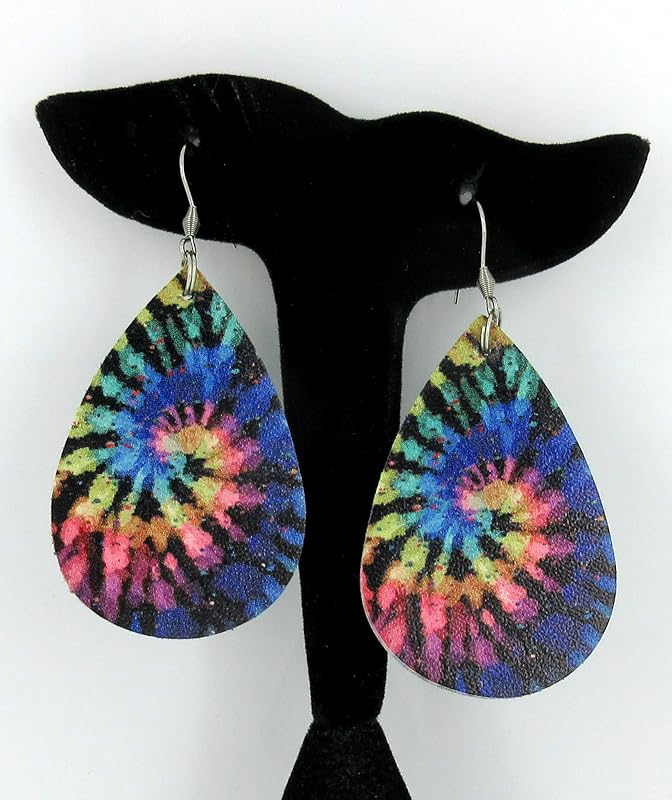 Summerfield Collection Tie Dye Faux Leather Large Teardrop Dangle Earrings Stainless Steel Black Rainbow