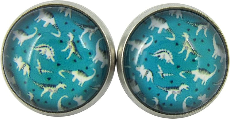 Summerfield Collection Stainless Steel Dinosaur Print Glass Stud Earrings 12mm Teal and White