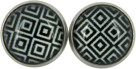 Summerfield Collection Stainless Steel Black and White Geometric Print Glass Stud Earrings 12mm