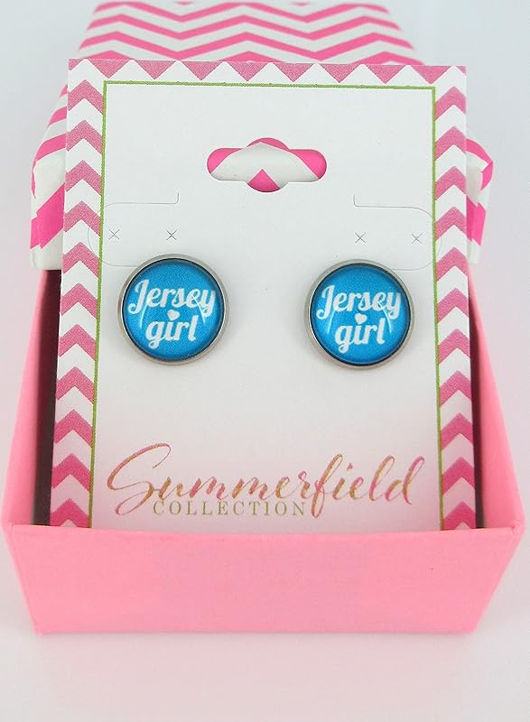 Summerfield Collection Stainless Steel Girl Print Glass Stud Earrings 12mm (Jersey Girl)