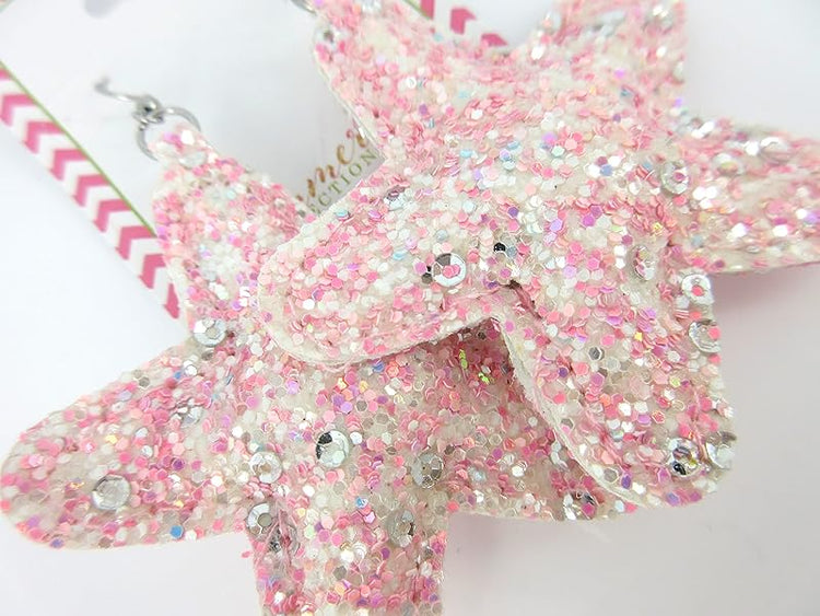 Summerfield Collection Stainless Steel Pastel Glitter Faux Leather Large Puffy Star Dangle Earrings (Medium Pink)