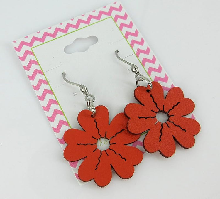 Summerfield Collection Flower Faux Leather Dangle Earrings Stainless Steel Brown Orange