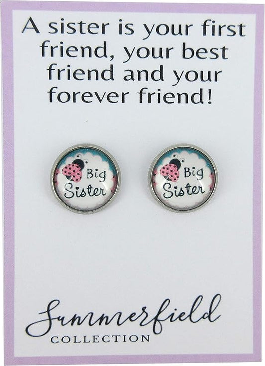 Summerfield Collection Stainless Steel Sister Print Glass Stud Earrings 12mm (Big Sister)